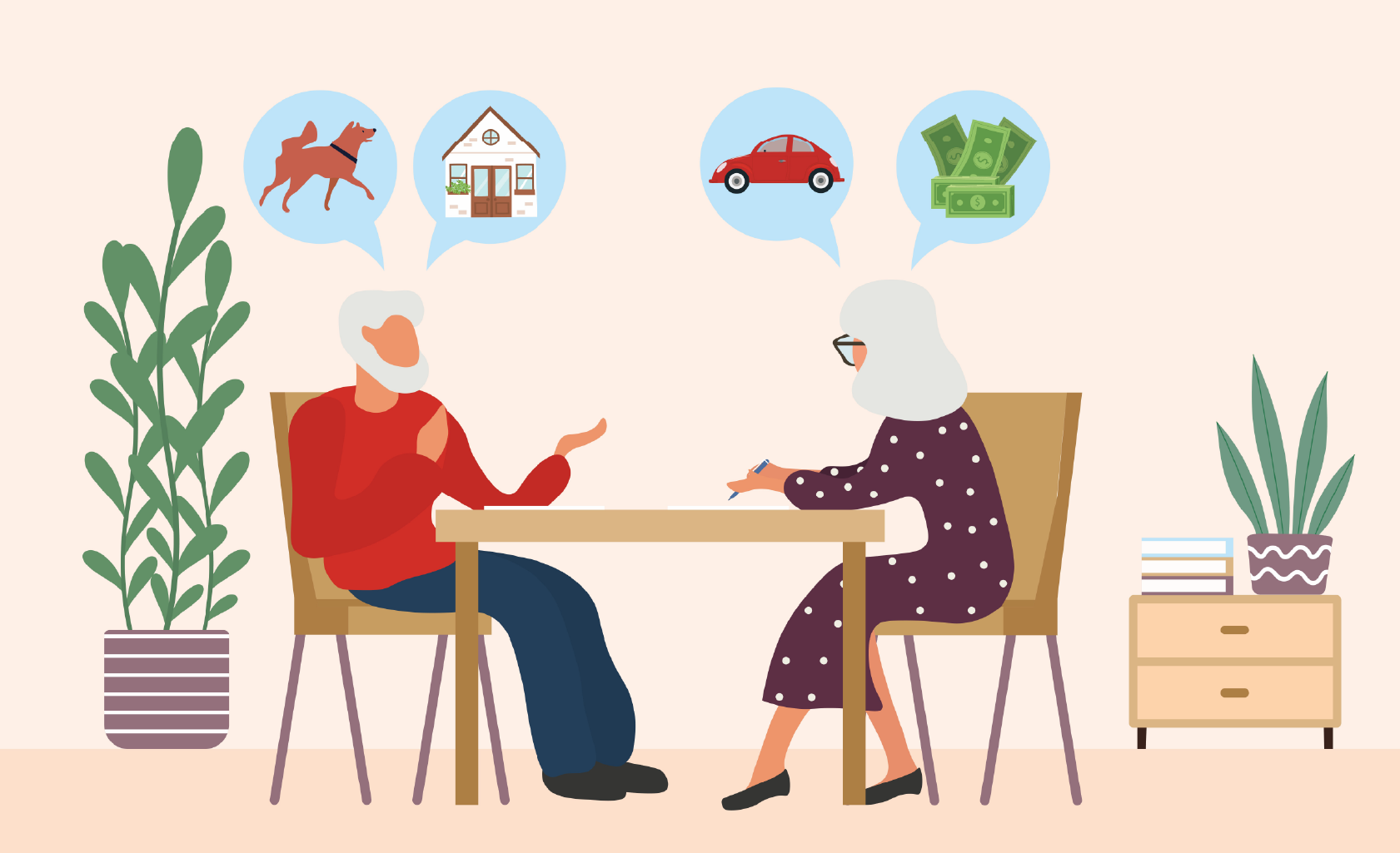 Elderly couple sitting at a table with thought bubbles showing a dog, house, car, and cash depicting estate planning.