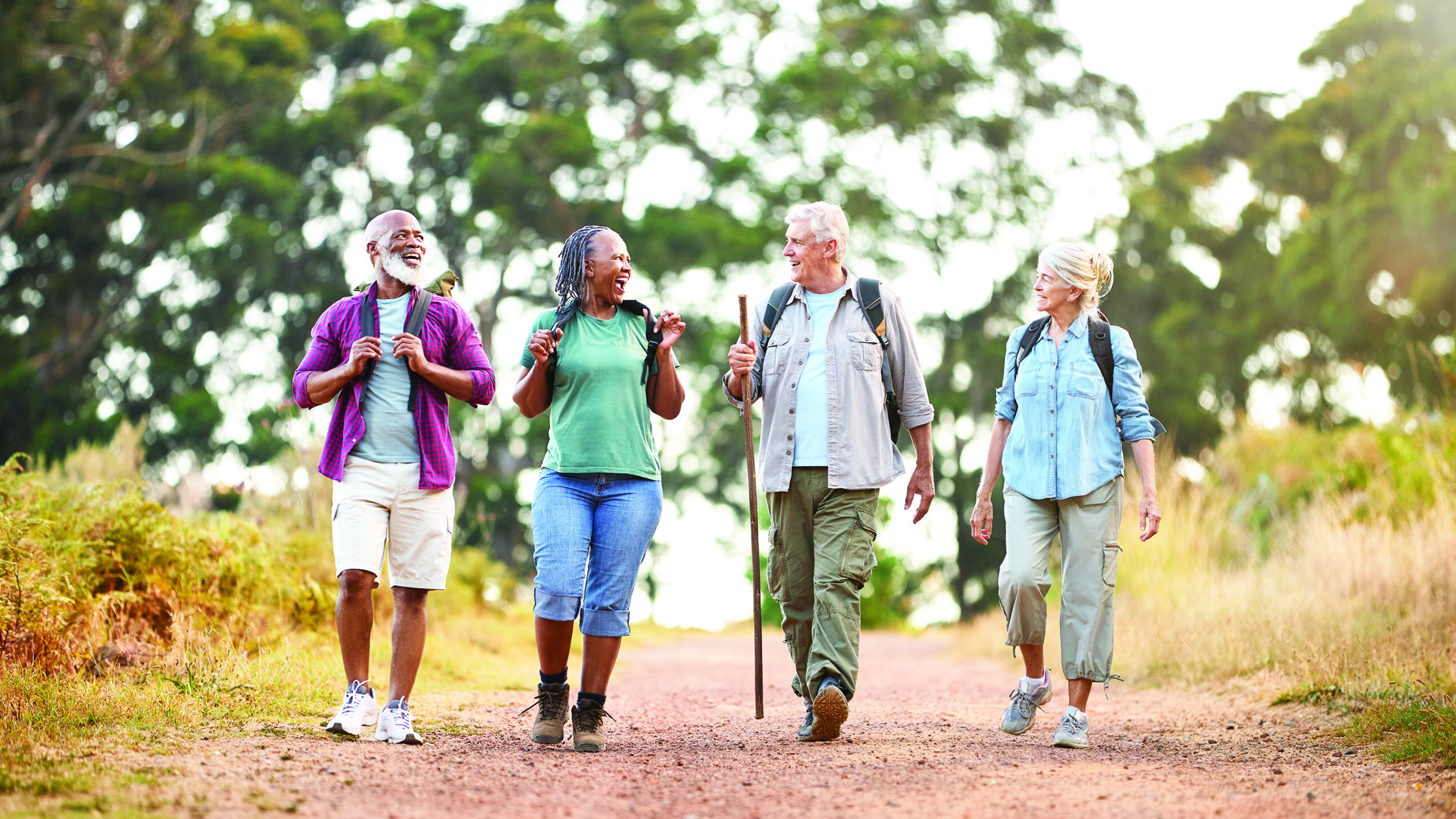 Group Of Active Senior Friends Enjoying Hiking Through Countryside Walking Along Track Together