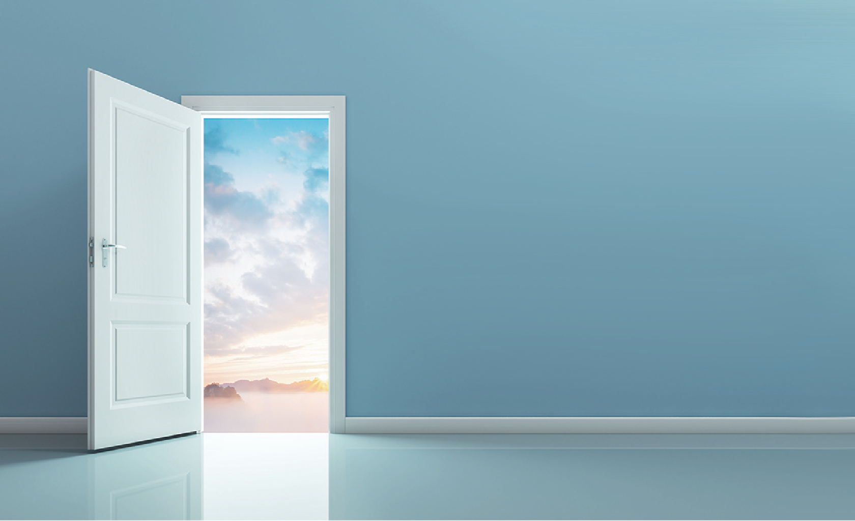 A room with an open door leading to the sky and clouds depicting end of life planning.